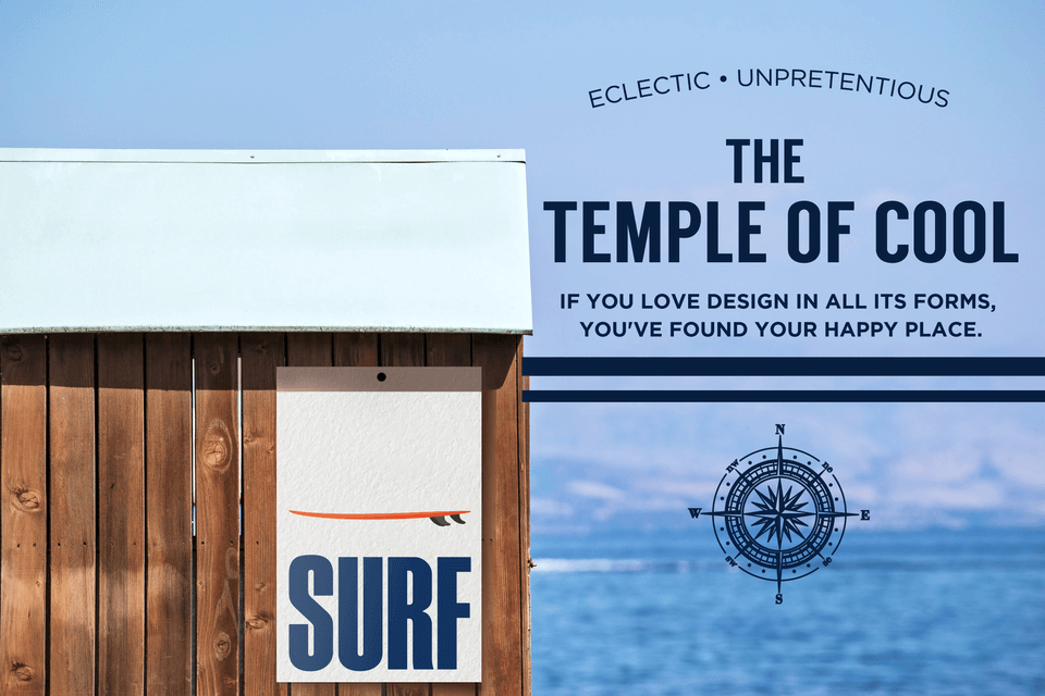 The home page displaying our product: a white poster with the word SURF in navy blue uppercase letters. Above the lettering is a side view of a surfboard..
