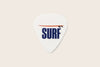 A white guitar pick with the word 'SURF' in navy blue and the image of a surfboard in sideview.