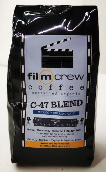 Coffee with the label: film crew coffee, C47 Blend.
