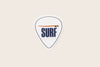 A sticker of a white guitar pick with the word 'SURF' in navy blue and the image of a surfboard in sideview.