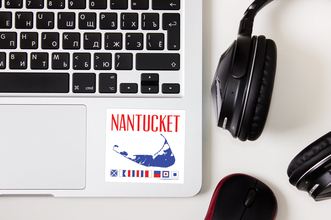 A sticker with a map image and word Nantucket. 